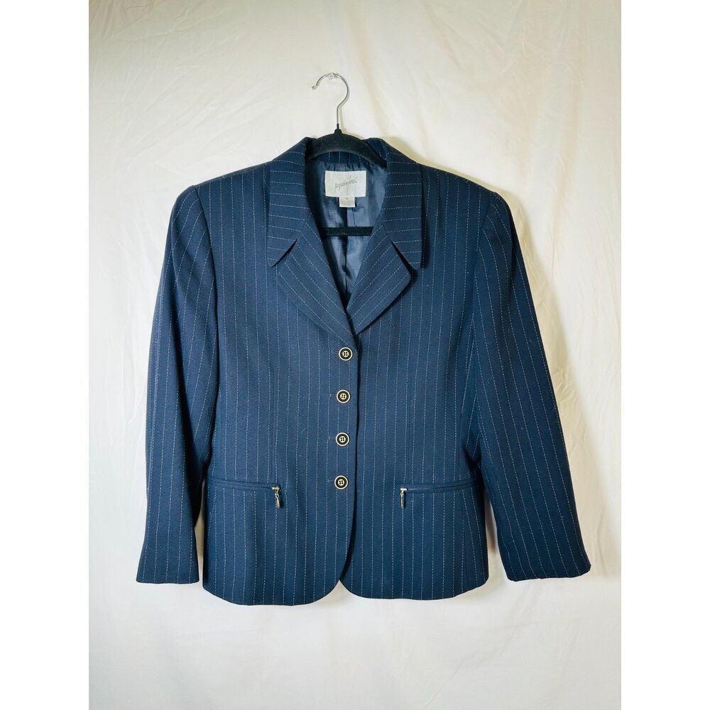 Jacqueline Ferrar Womens Navy Blue Pinstripe 5-Button Blazer Gold Hardware SZ 10